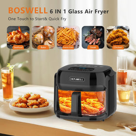 Boswell Glass Air Fryer 7.5QT demonstrates circulating heat for even browning.