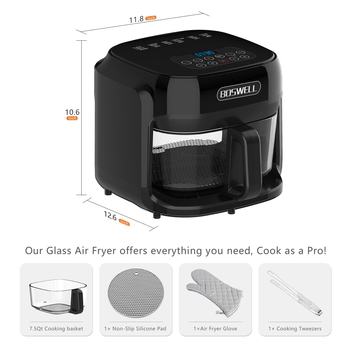 Boswell Glass Air Fryer 7.5QT inner pot is dishwasher-safe for easy cleanup.
