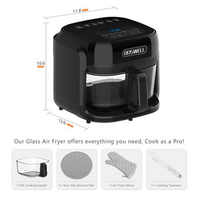 Boswell Glass Air Fryer 7.5QT inner pot is dishwasher-safe for easy cleanup.