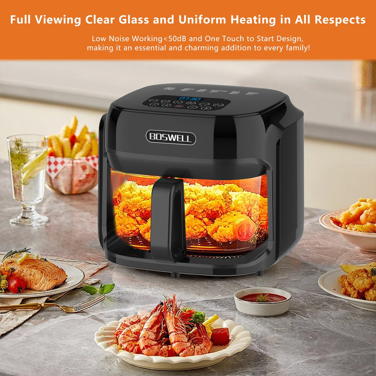 Boswell Glass Air Fryer 7.5QT ready meal example showcasing versatile roast and bake options.