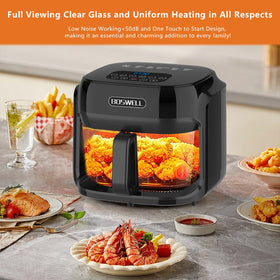Boswell Glass Air Fryer 7.5QT ready meal example showcasing versatile roast and bake options.