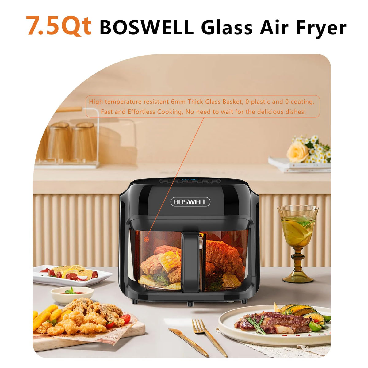 Boswell Glass Air Fryer 7.5QT top controls shown for easy presets and manual mode.
