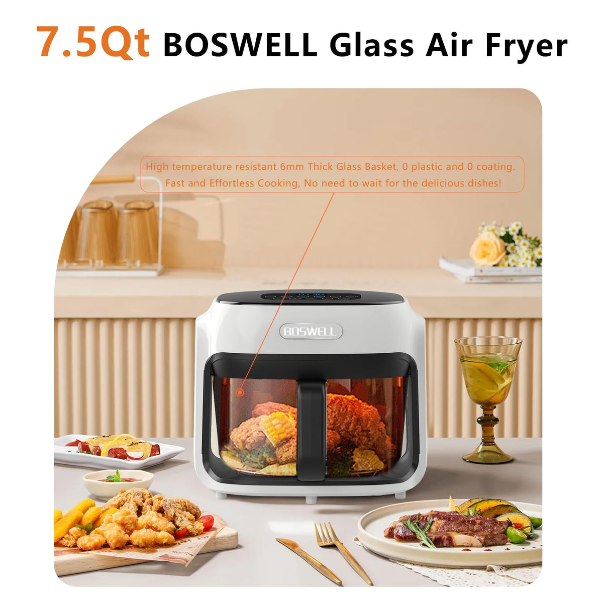 BOSWELL Glass Air Fryer 360-degree circulation for even browning and consistent results.