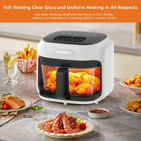 BOSWELL Glass Air Fryer white exterior with included accessories for easy use.