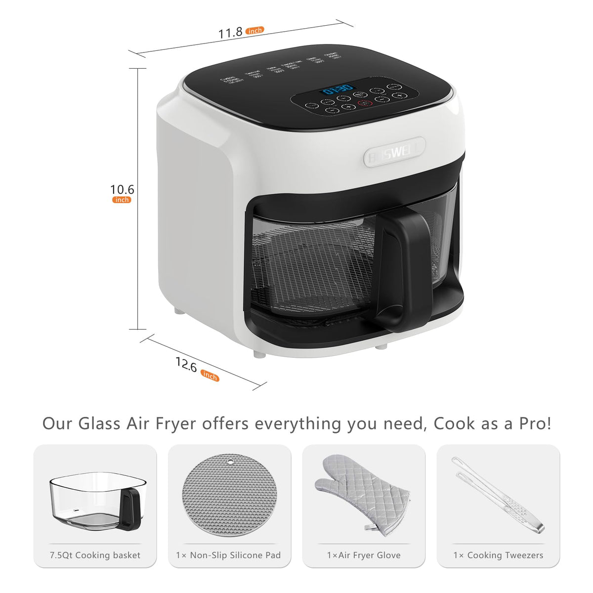 BOSWELL Glass Air Fryer dishwasher-safe inner pot simplifies cleanup after meals.