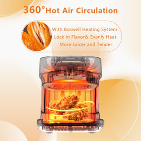 BOSWELL Glass Air Fryer temperature control enables precise settings for seafood, fries, and more.