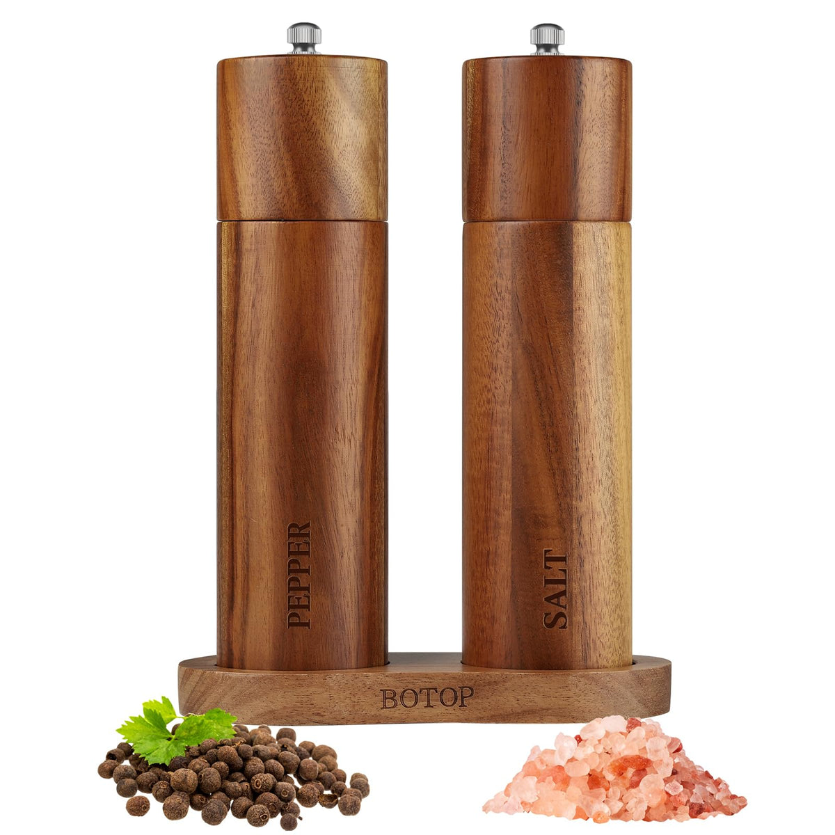 BOTOP Acacia base with grinders on the counter for organized everyday seasoning
