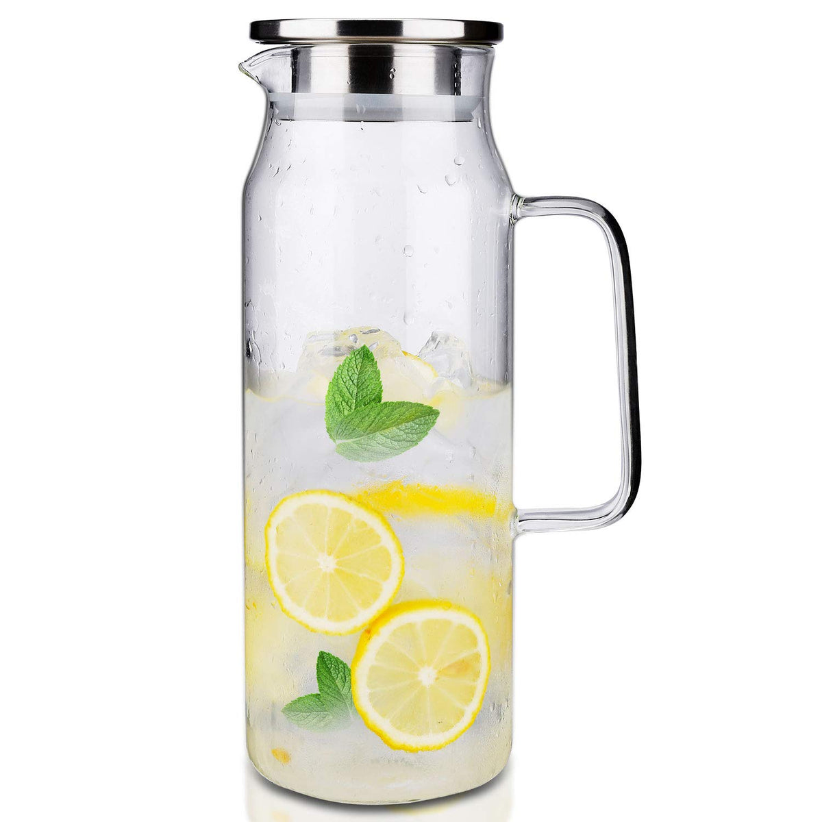 BOTTLE BOTTLE glass pitcher with lid and handle for easy family servings.