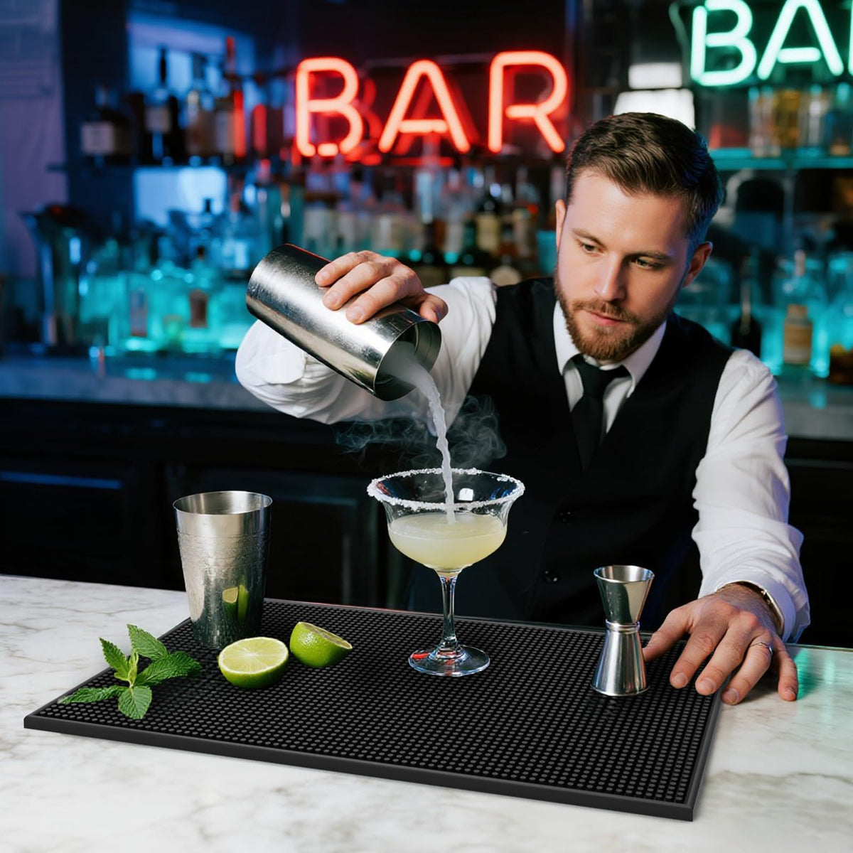 Botyboty rubber bar mat 18x12 inch protects countertops from heat and stains.