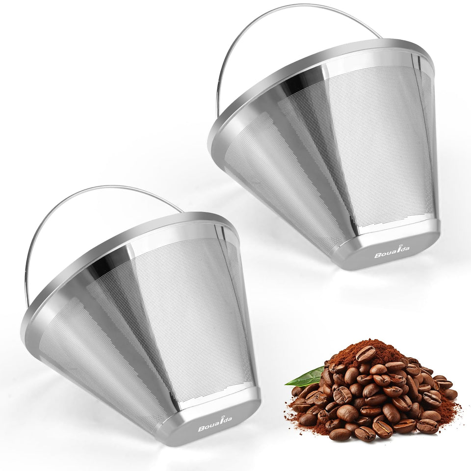 Bouaida 4-cone permanent filter top view highlighting durable stainless steel.