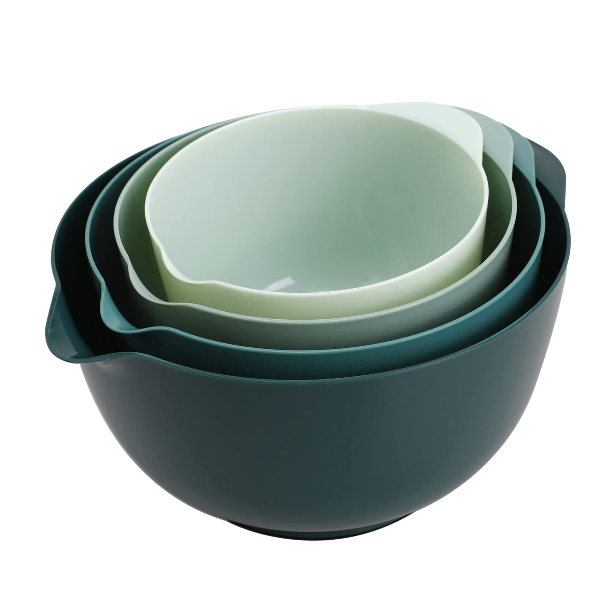 BoxedHome green ombre nesting bowls with pour spout for mess-free batter transfer