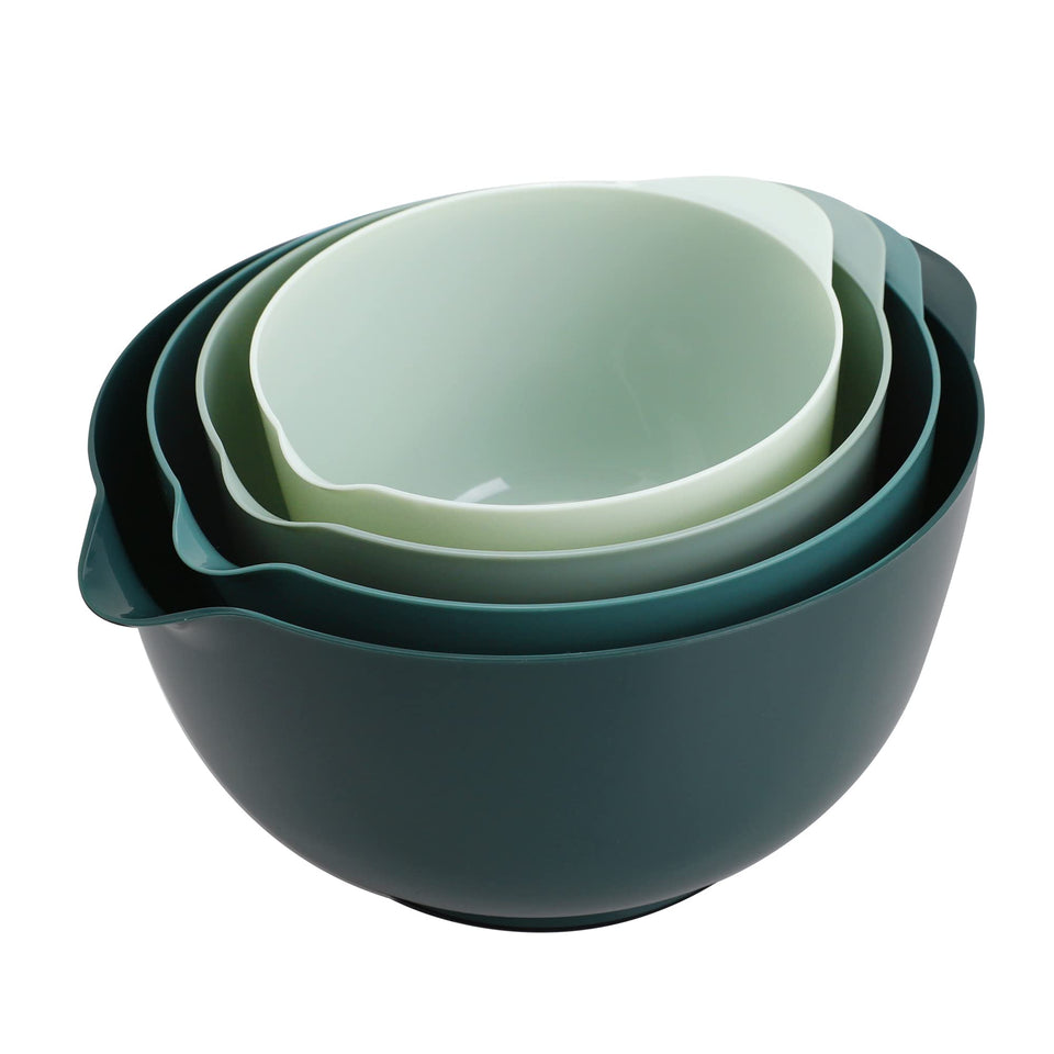 BoxedHome green ombre nesting bowls with pour spout for mess-free batter transfer