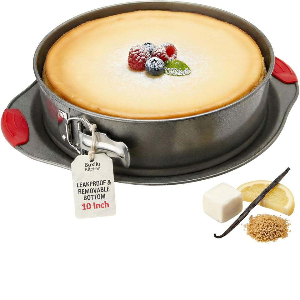 Boxiki Kitchen 10-inch nonstick springform pan for easy cheesecake release.