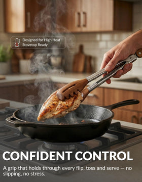 Boxiki Kitchen 3-in-1 tongs with heat-resistant walnut tips protect pans.
