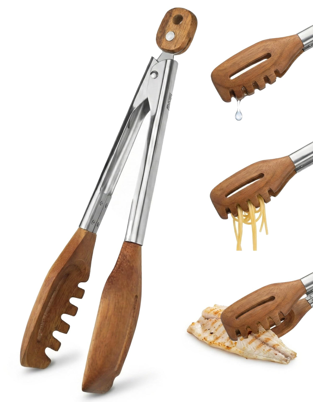 Boxiki Kitchen 3-in-1 tongs with forked tip for secure pasta lifting.
