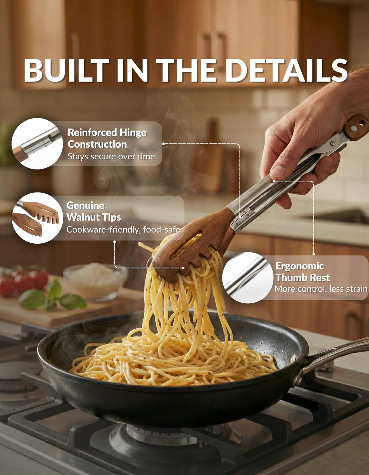 Boxiki Kitchen 3-in-1 tongs with slotted forked tip for sturdy pasta or greens.
