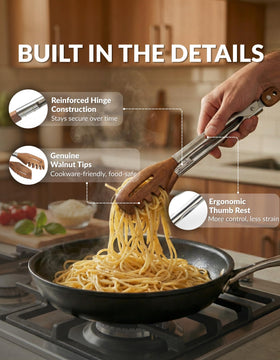 Boxiki Kitchen 3-in-1 tongs with slotted forked tip for sturdy pasta or greens.