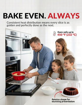 Boxiki Kitchen 9x9-inch pound pan delivers uniform tall cake results.