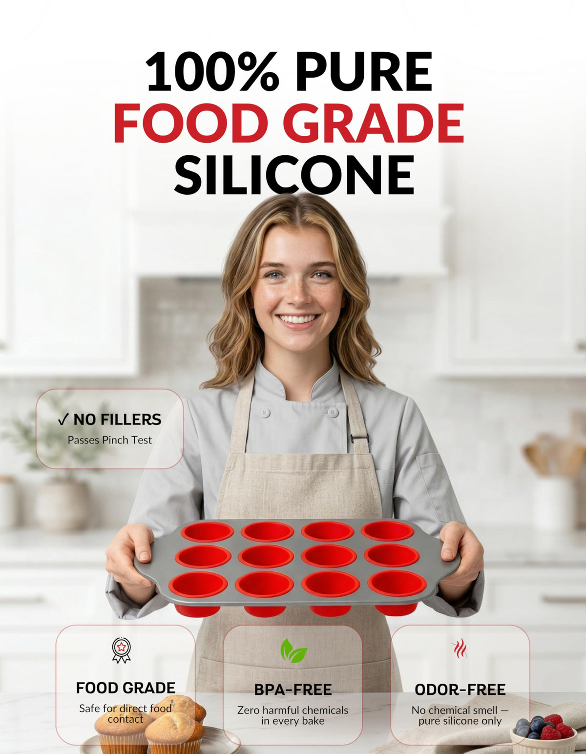 Ergonomic handles on Boxiki Kitchen muffin pan for secure handling