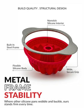 Boxiki Kitchen fluted silicone baking pan creates decorative cakes with even heat.