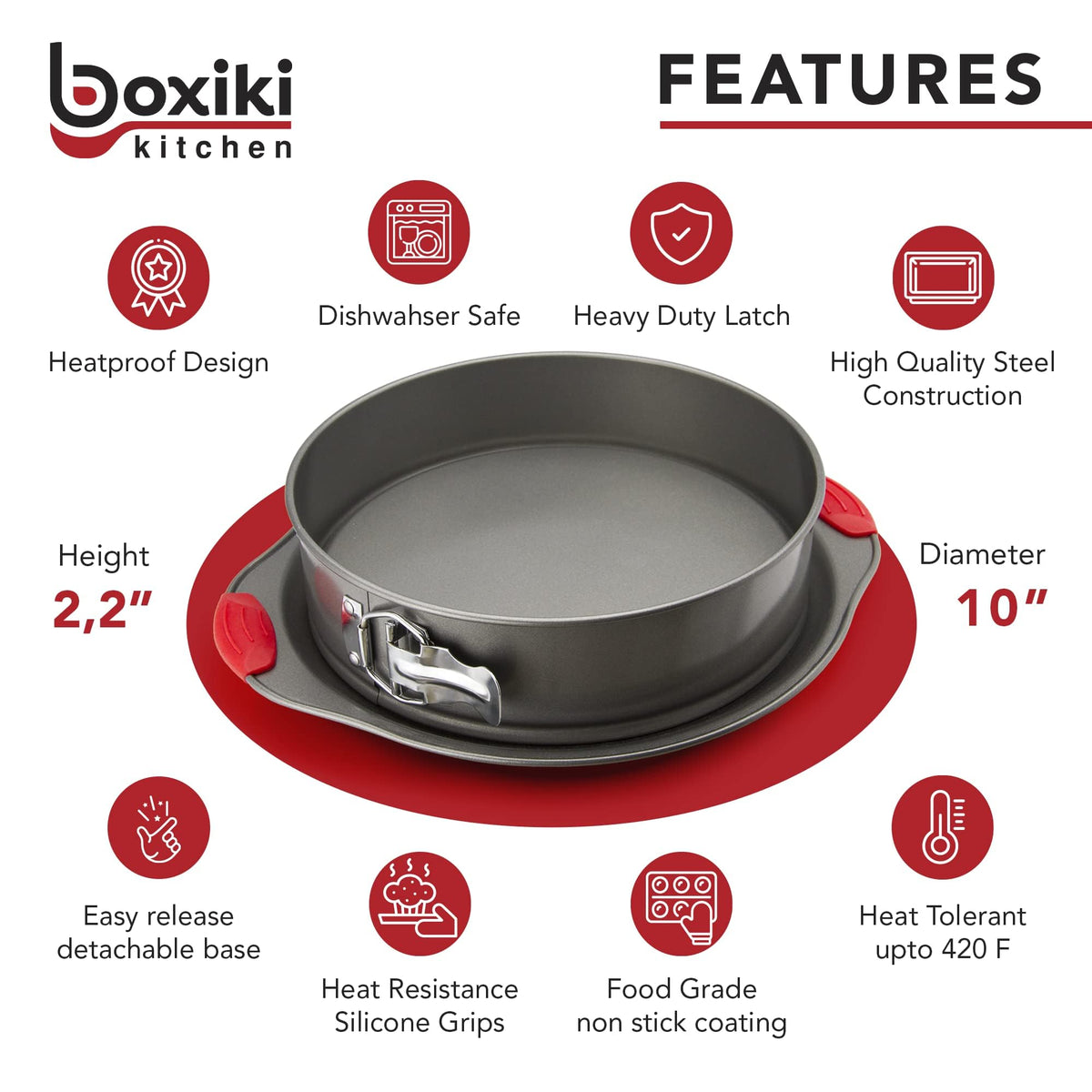 Boxiki Kitchen leakproof springform pan with secure latch for mess-free baking.
