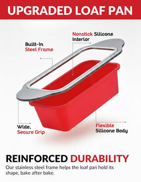 Boxiki Kitchen loaf pan steel frame side view showing sturdy support during lifting.