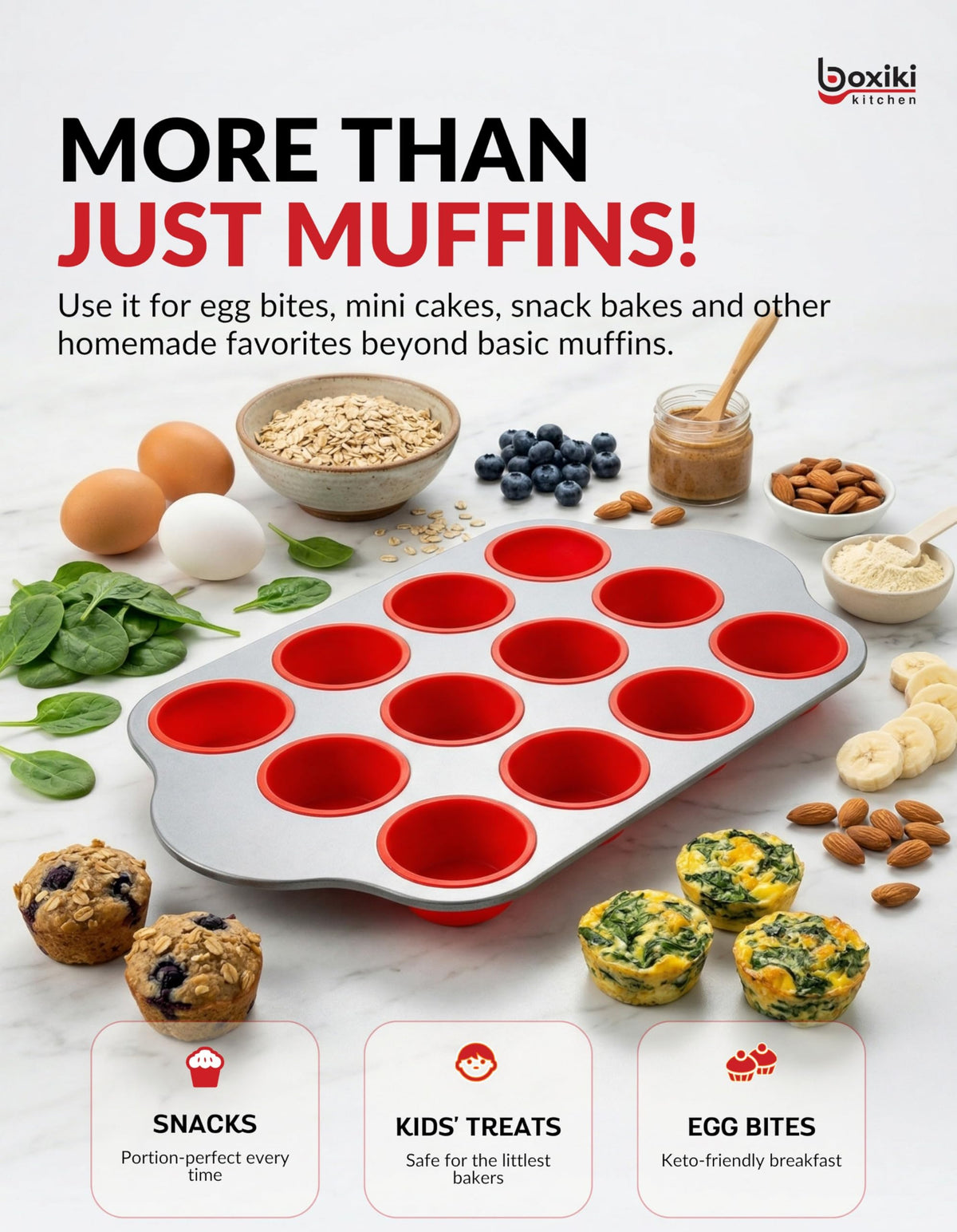 Multi-use Boxiki Kitchen muffin pan suitable for muffins, quiches, and more