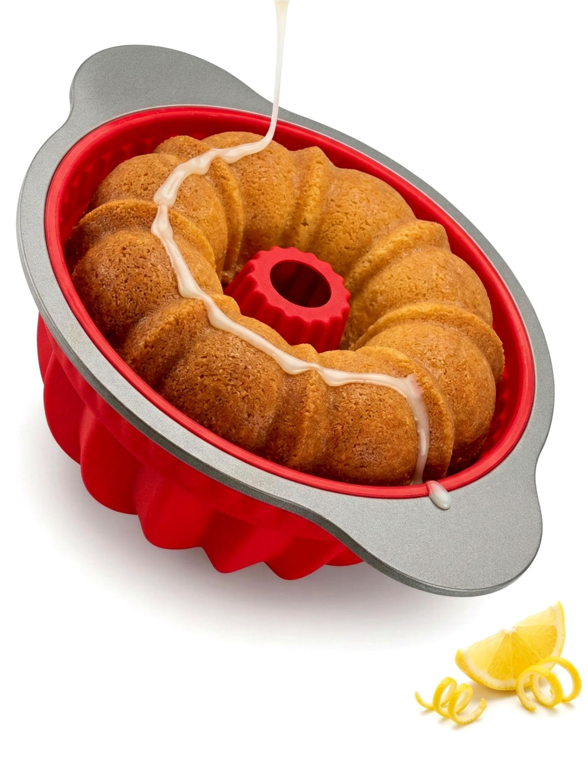 Boxiki Kitchen premium non-stick silicone pound cake pan with handles for easy transfer.