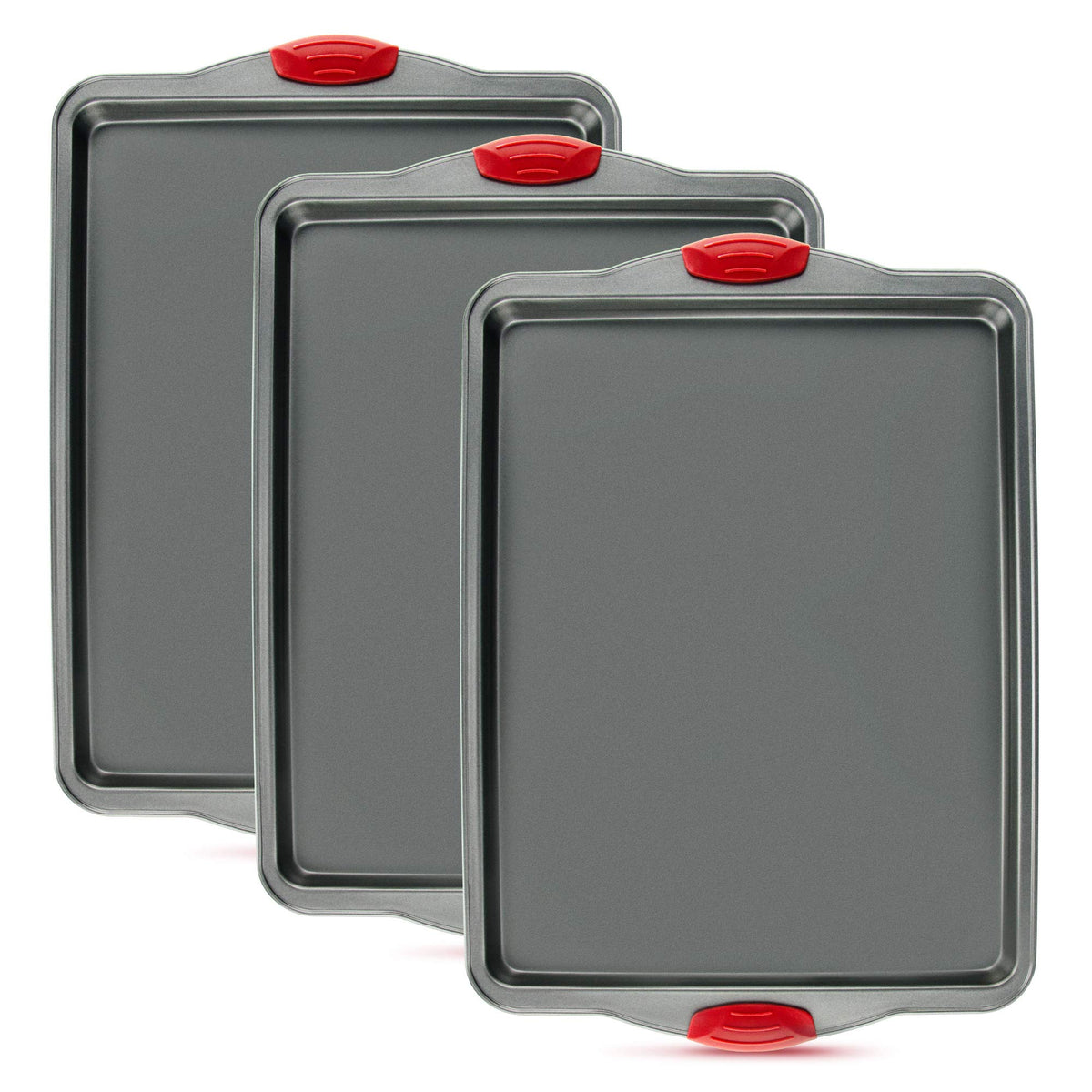 Boxiki Kitchen premium nonstick baking sheets set of three, top view, for even baking