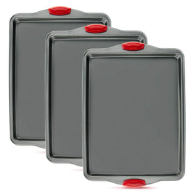 Boxiki Kitchen premium nonstick baking sheets set of three, top view, for even baking