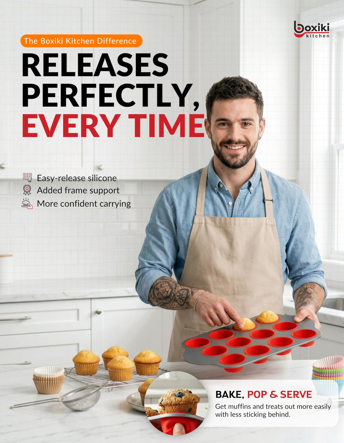 Durable Boxiki Kitchen muffin pan with steel frame to prevent warping