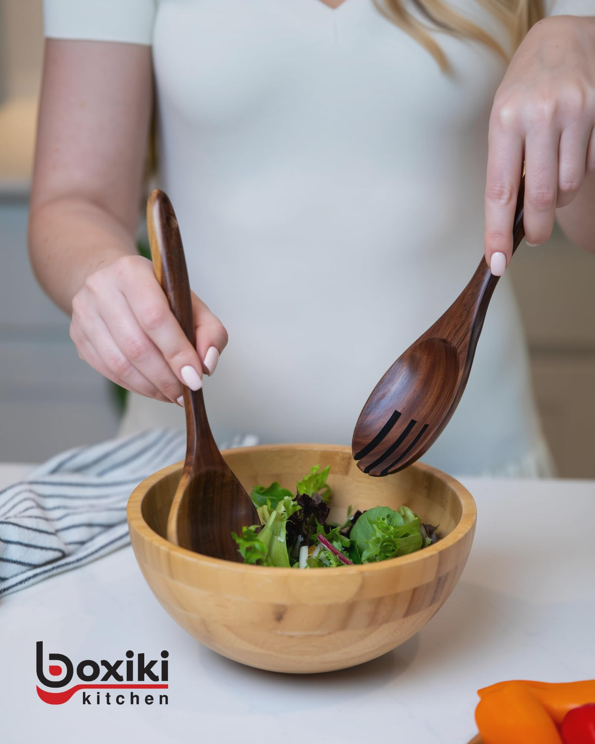 Boxiki Kitchen teak skimmer slotted spoon for draining and serving