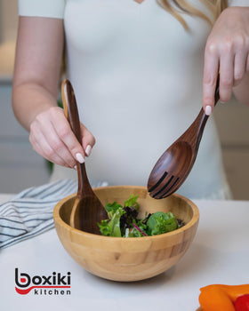 Boxiki Kitchen teak skimmer slotted spoon for draining and serving