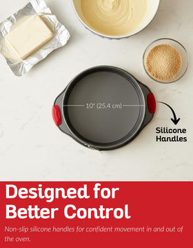Boxiki Kitchen wide 10-inch pan fits family-size cheesecakes and desserts.