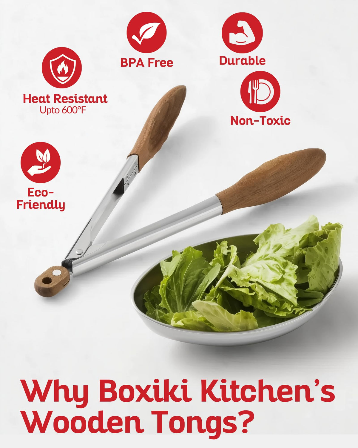Boxiki Kitchen natural walnut wood tongs offering a warm, stylish kitchen upgrade.