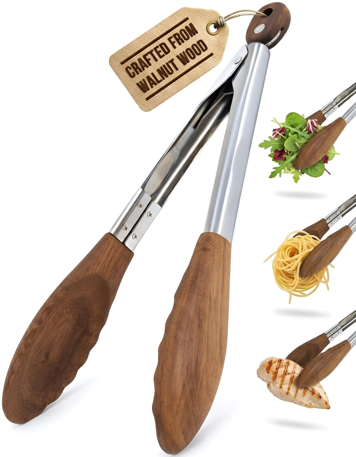 Boxiki Kitchen wooden tongs with natural walnut tips designed for gentle flips on nonstick cookware.