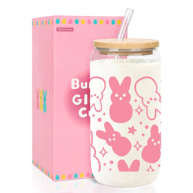 BOYIN HUES Easter Bunny Cup pink 16oz with lid and straw for festive beverages
