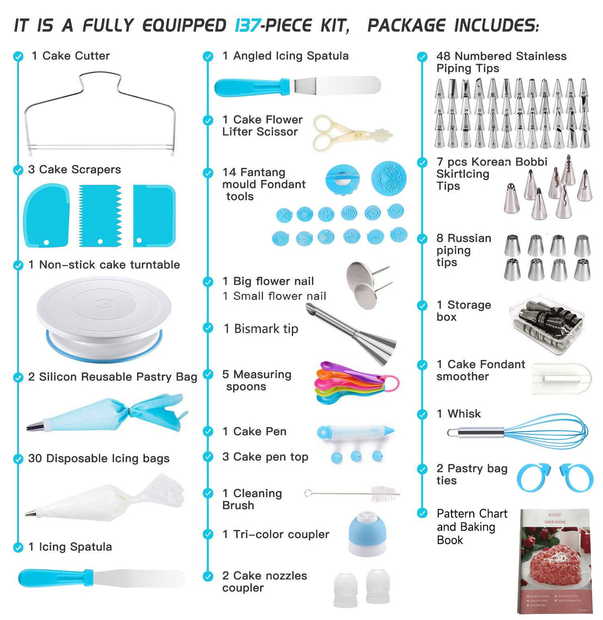 Boyun decorating tools set with scrapers, nozzles and brushes for detail work