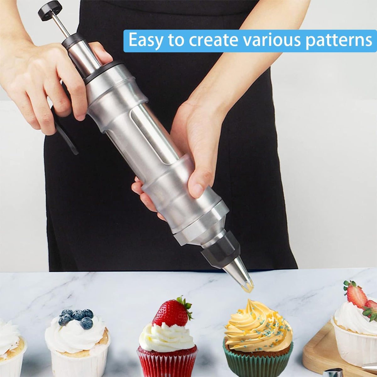 Boyun syringe gun provides precise frosting control for cupcakes and pastries.