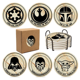 BOZICRE Wars Coasters set with holder on a stylish coffee table.