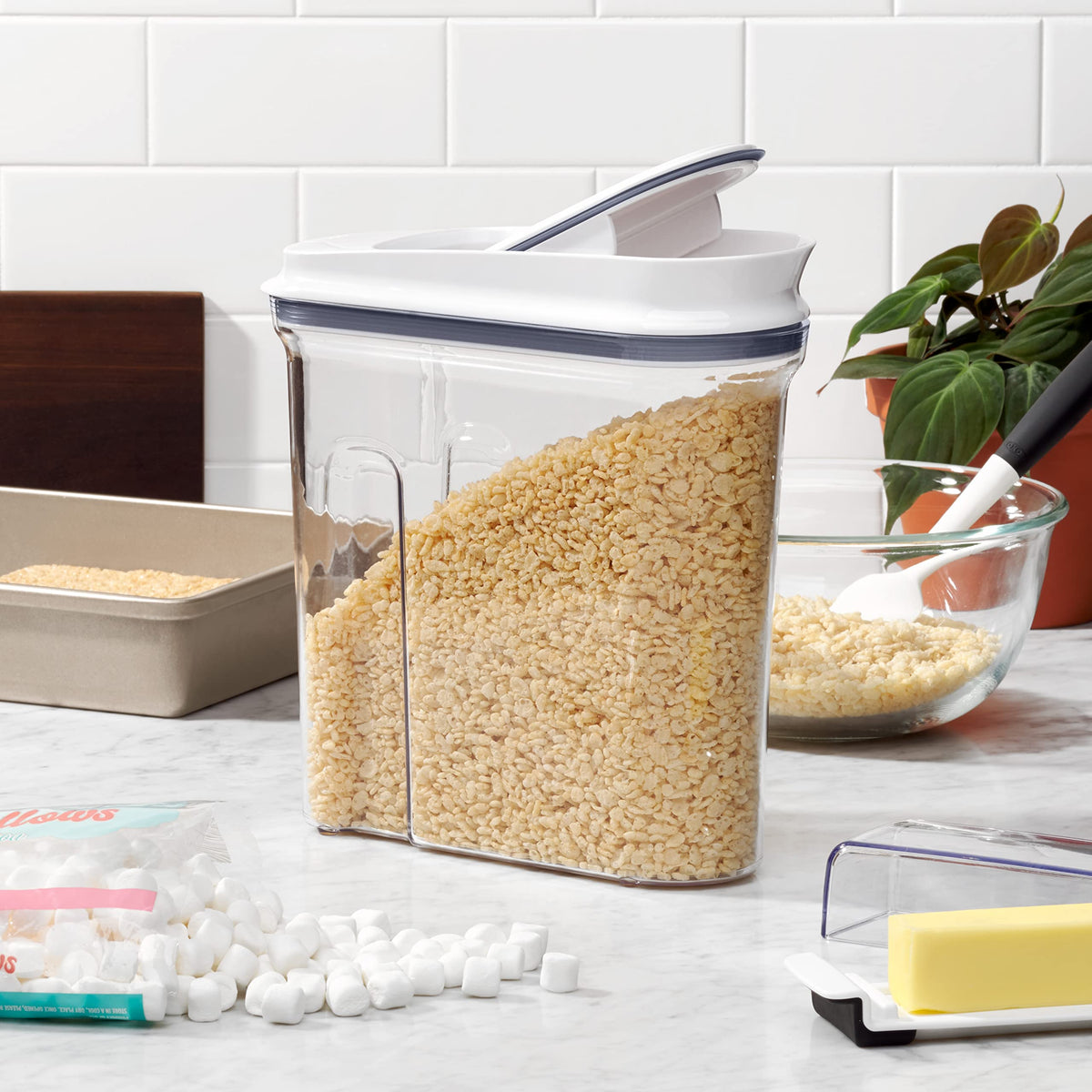 OXO Good Grips POP cereal dispensers feature BPA-free construction with dishwasher-safe gasket.