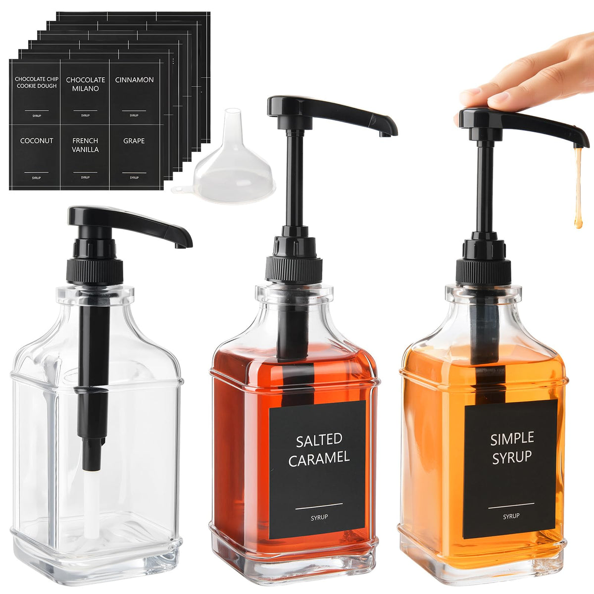 BPFY 3-pack glass coffee syrup dispensers with pump for precise servings