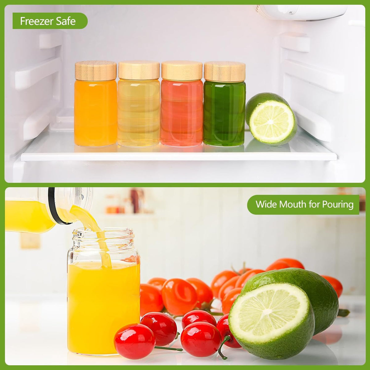 BPFY dishwasher and freezer safe bottles shown in a tidy cabinet.