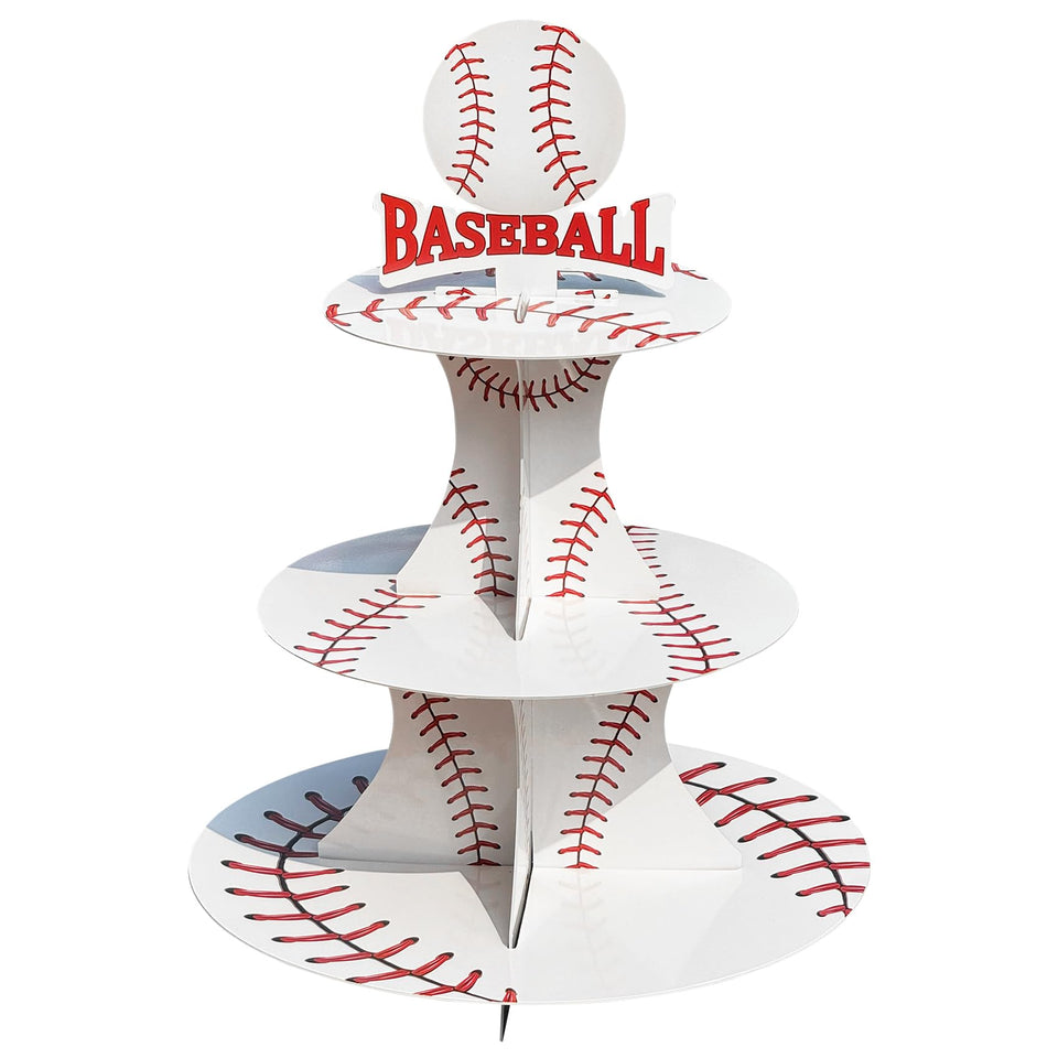 BQK baseball 3-tier cupcake stand with durable cardboard construction for party display