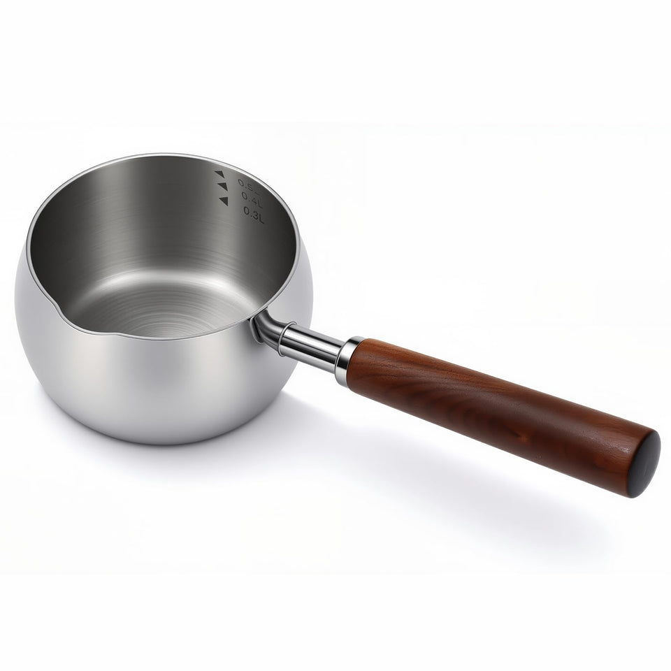 BQWII 17oz butter warmer with pour spout for precise pouring on induction stoves.
