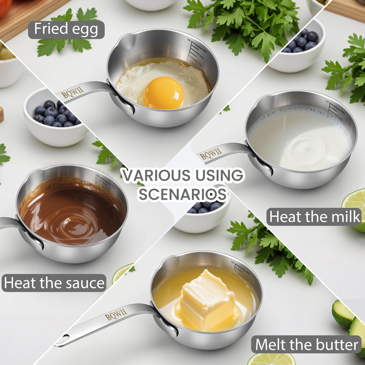 BQWII butter warmer with a sturdy stainless steel handle for a cool, secure grip.