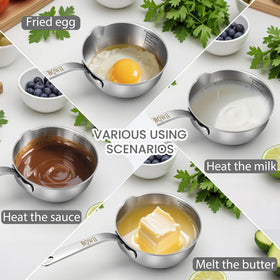 BQWII butter warmer with a sturdy stainless steel handle for a cool, secure grip.