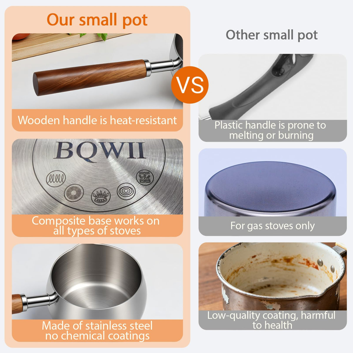 BQWII stainless steel pot is induction compatible for versatile heating.