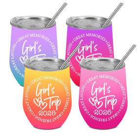 BQXH girls trip wine tumbler with lid pack shot highlighting 12oz portable design for on-the-go hydration.