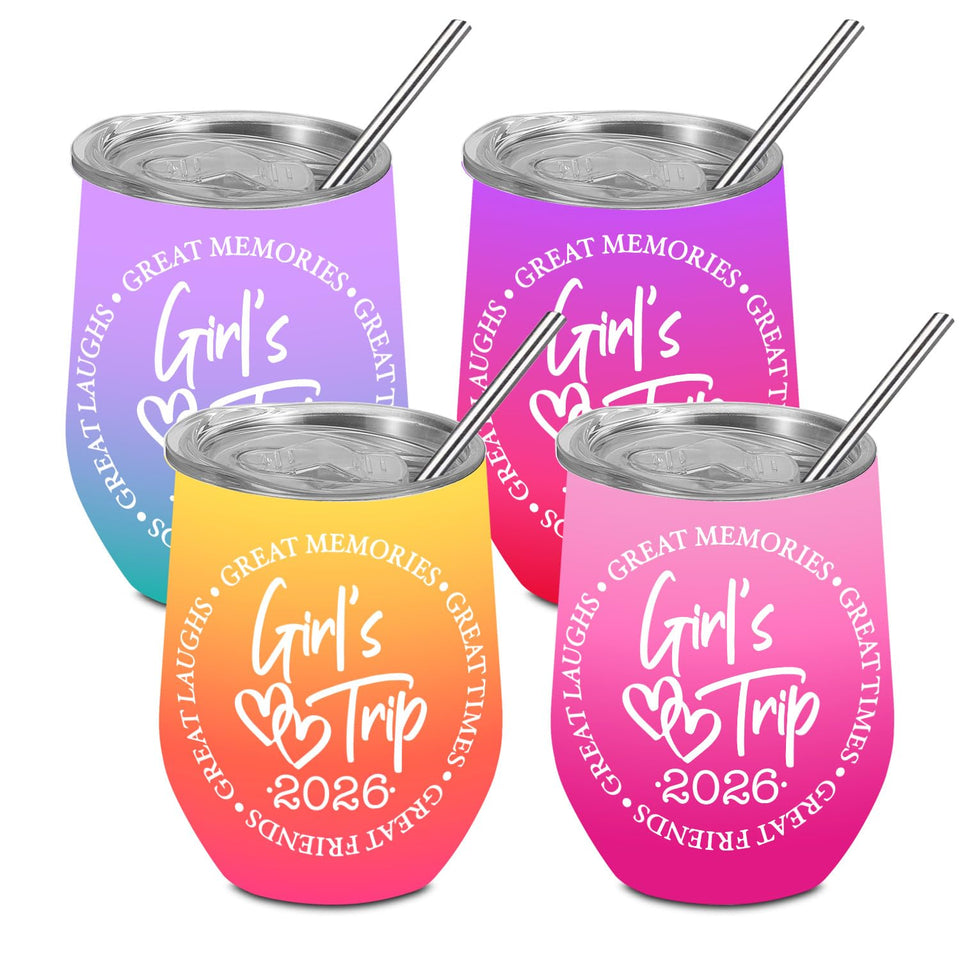 BQXH girls trip wine tumbler with lid pack shot highlighting 12oz portable design for on-the-go hydration.